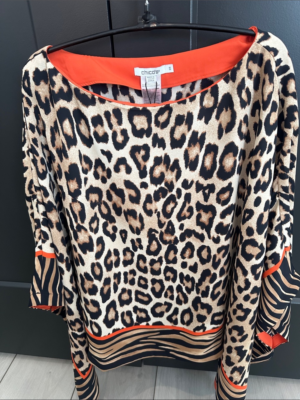 Chico's New Leopard & Zebra Print Blouse/ poncho with Orange Trim